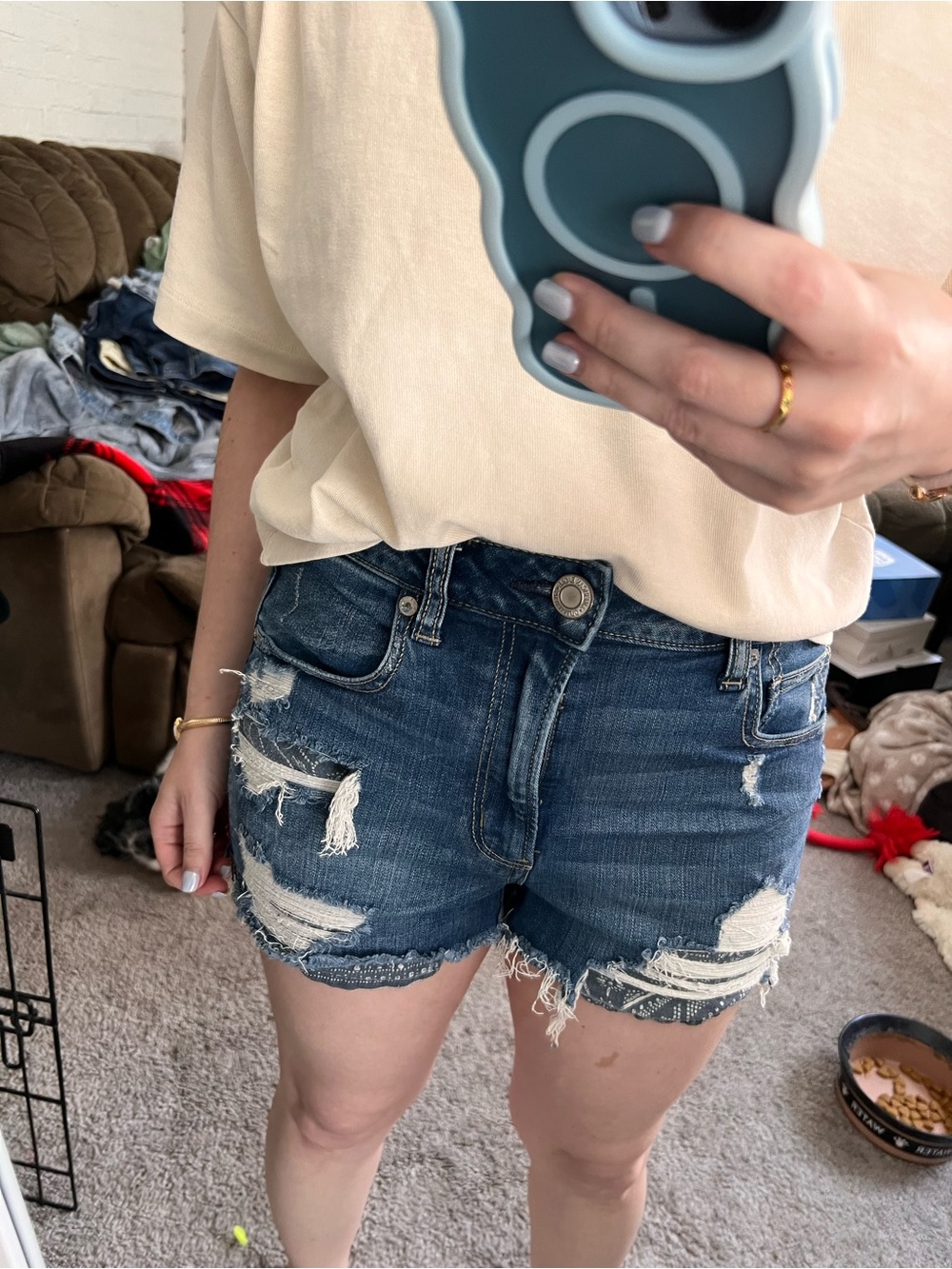 American Eagle Outfitters Super Hi-rise Shortie Distressed Denim Cutoff Shorts